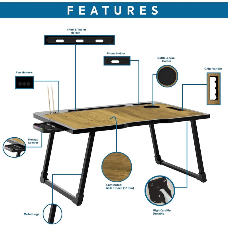 Radiant Multipurpose Foldable Laptop Table, Cup Holder, Drawer, Mac Holder, Study Table, Breakfast Table, Portable, Ergonomic, Rounded Edges, Non-Slip Legs (Wooden) - Image 3