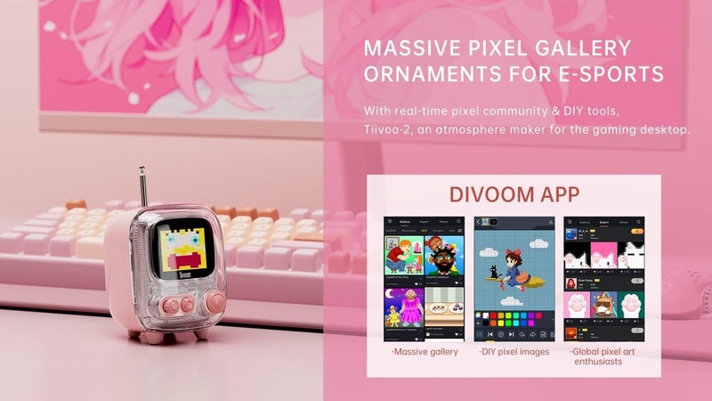 Divoom Tiivoo-2 Retro Bluetooth Speaker with Pixel Art Display FM Radio Photo Album 100+ Clock Faces Pixel Art Gallery Pomodoro Timer Alarm White Noise Retro Games - Green - Image 5