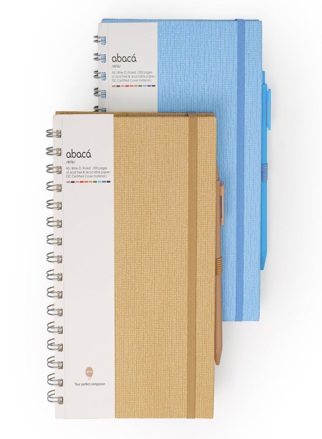 COMMA Abaca - A5 Size - Wire-O-Bound Spiral Notebook with Pen & Elastic Band Closure - 200 Pages - 80gsm Natural Shade Paper - Textured Cover Material - Pack of 2 - (Sky Blue + Beige) - Image 1
