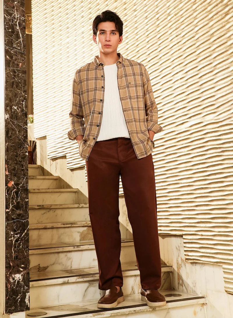 CAHOOT  Men's Camel Beige Plaid-Woven Regular Shirt for Men | Best Price UAE
