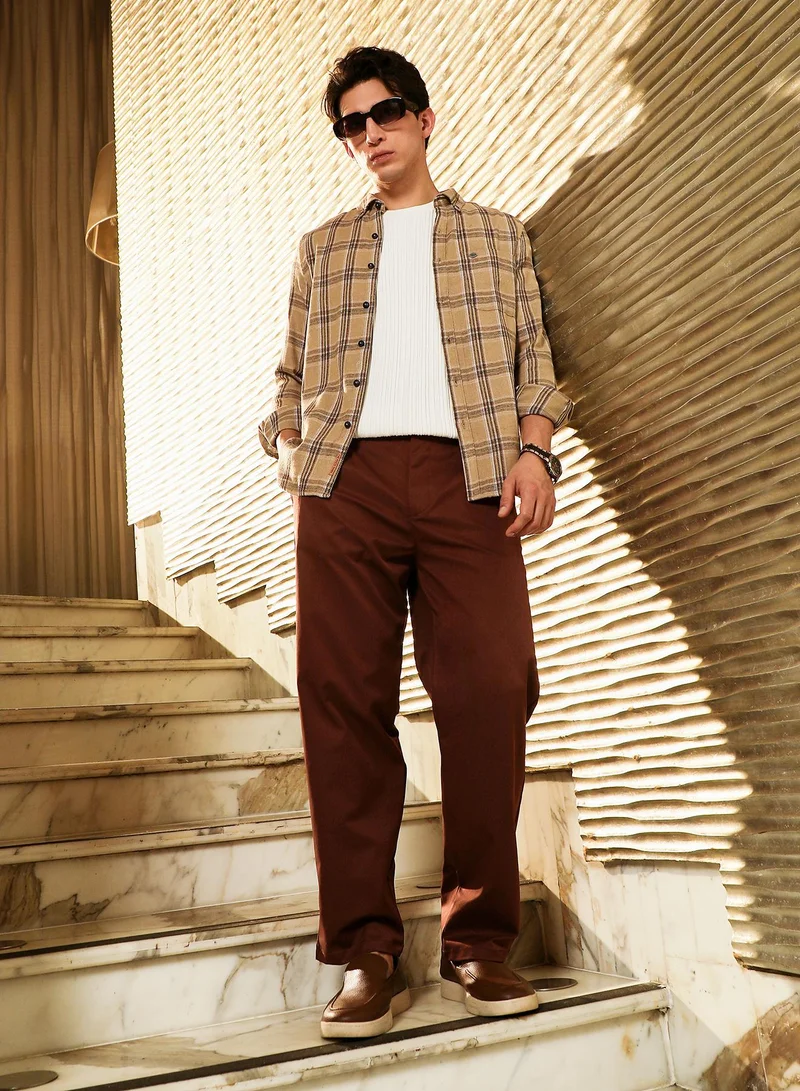 CAHOOT  Men's Camel Beige Plaid-Woven Regular Shirt for Men | Best Price UAE