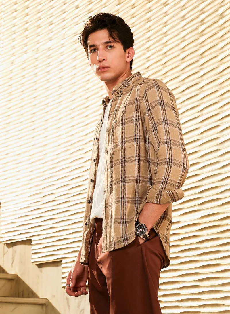 CAHOOT  Men's Camel Beige Plaid-Woven Regular Shirt for Men | Best Price UAE