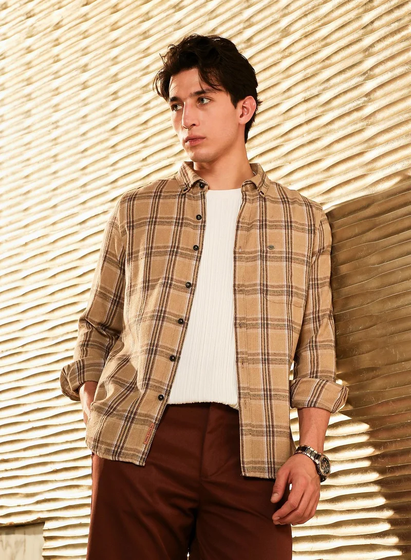 Campus Sutra Men's Camel Beige Plaid-Woven Regular Shirt