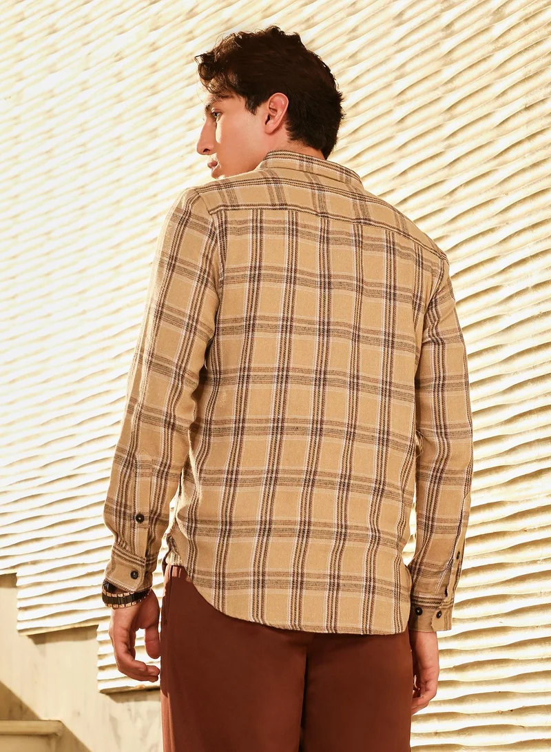 CAHOOT  Men's Camel Beige Plaid-Woven Regular Shirt for Men | Best Price UAE