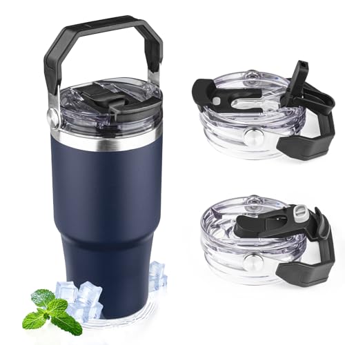 FLIFQI 20oz Tumbler with Handle and Flip Straw Lid Double Wall Insulated Travel Coffee Mug Stainless Steel Vacuum Insulated Coffee Tumbler Cup for Hot and Cold Beverages Leak-proof&BPA-free (20oz,Navy blue) - Image 1