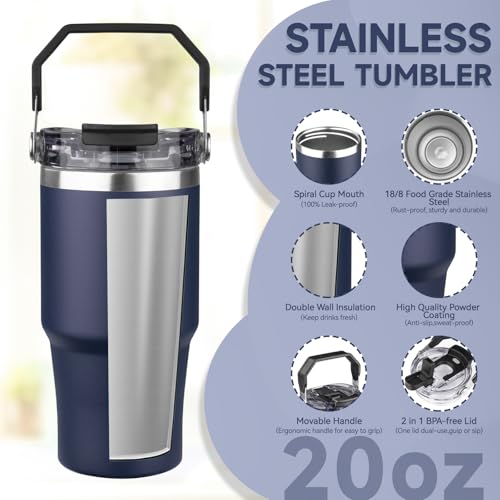 FLIFQI 20oz Tumbler with Handle and Flip Straw Lid Double Wall Insulated Travel Coffee Mug Stainless Steel Vacuum Insulated Coffee Tumbler Cup for Hot and Cold Beverages Leak-proof&BPA-free (20oz,Navy blue) - Image 3