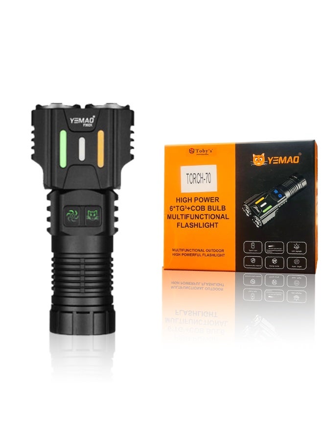 توبيز مصباح توبي متعدد الوظائف عالي الطاقة مزود بـ 6 لمبات T6 وأضواء جانبية COB - قابل لإعادة الشحن ومقاوم للماء وذو سطوع فائق للاستخدام في الهواء الطلق - TORCH 70 - Image 1