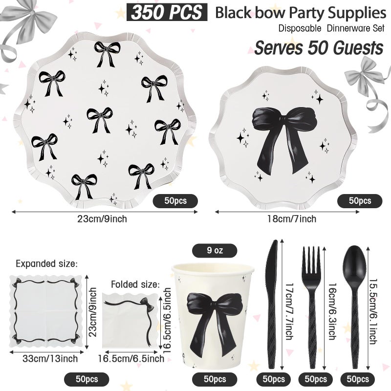 Ziliny 350 Pcs Bow Black Party Supplies Tableware Set Disposable 9'' 7'' Paper Plates 9 oz Cups Cutlery Napkins Dinnerware Set for 1st Birthday, Serve 50 (Bow, Black) - Image 2