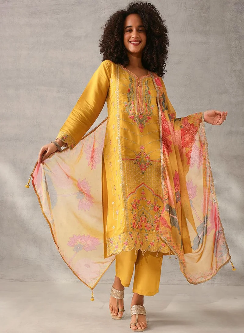 ISHIN Women's Mustard Roman Silk Embroidered Tunic Upper With Full Palazzo Straight Fit 3 Piece Kurta Set
