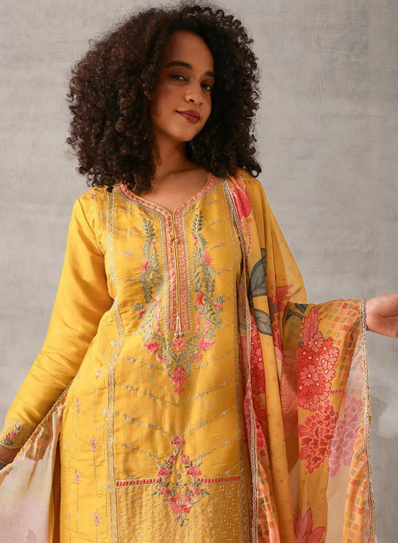ISHIN Women's Mustard Roman Silk Embroidered Tunic Upper With Full Palazzo Straight Fit 3 Piece Kurta Set