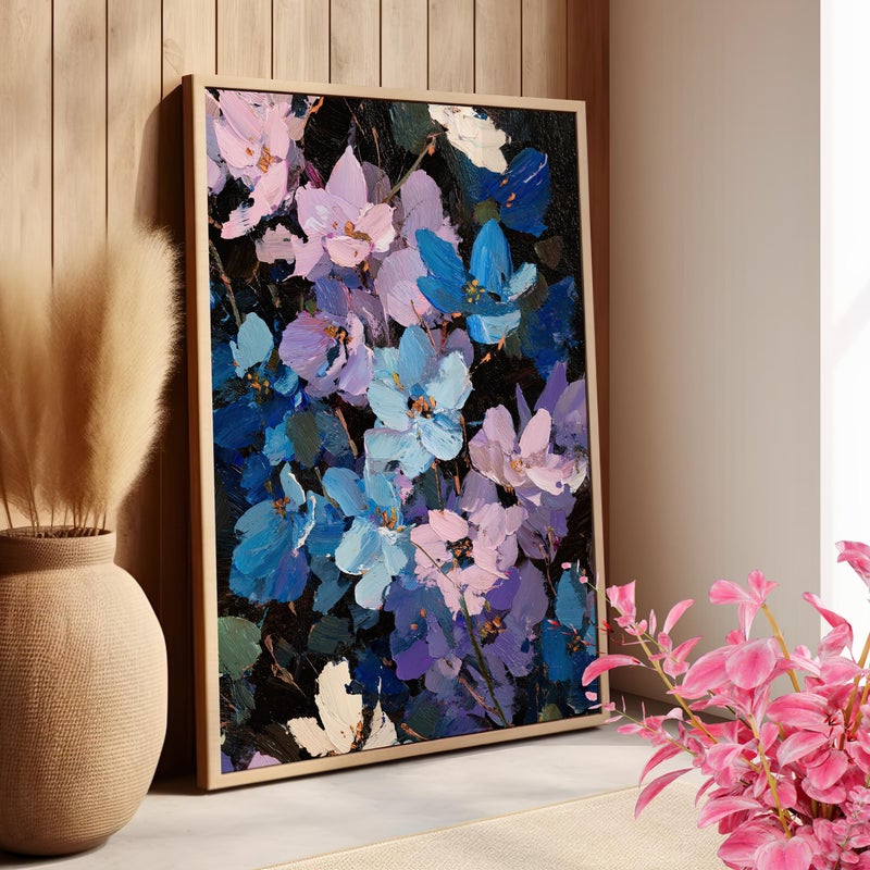 TNESSENTIAL Floral Vibrant Blue and Lavender Impressionist Painting Poster or Canvas Print, Lush Bouquet Impasto Style Botanical Art, Nature Wall Decor - Image 1