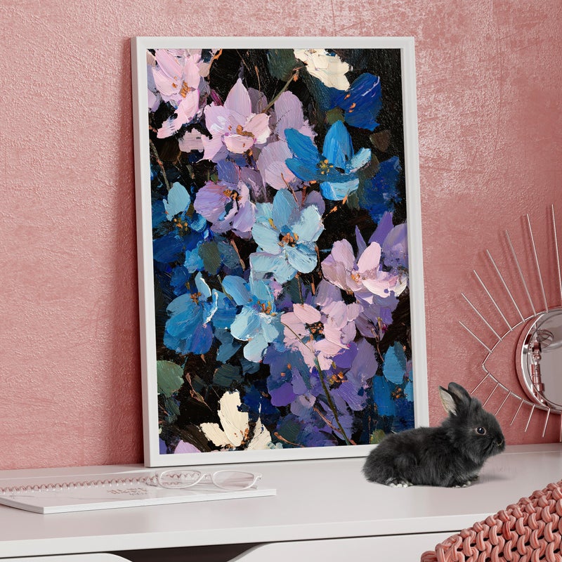 TNESSENTIAL Floral Vibrant Blue and Lavender Impressionist Painting Poster or Canvas Print, Lush Bouquet Impasto Style Botanical Art, Nature Wall Decor - Image 3