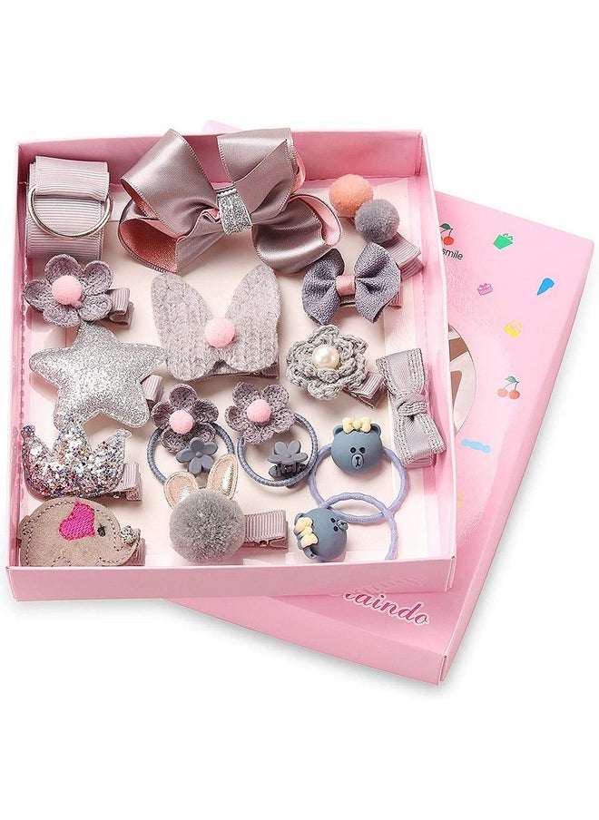 KolorFish - KolorFish Baby Girl's Hair Clips Cute Bows Elastic Hair Ties Accessories Ponytail Hairpins Set For Baby Girls Teens Toddlers, 18 pieces Pack, Grey, Grey - Image 1