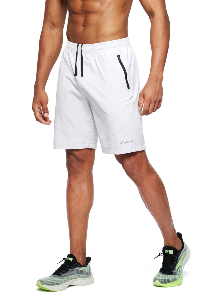 Pudolla Men's Workout Running Shorts Lightweight Gym Athletic Shorts for Men with Zipper Pockets(White Large) - Image 2