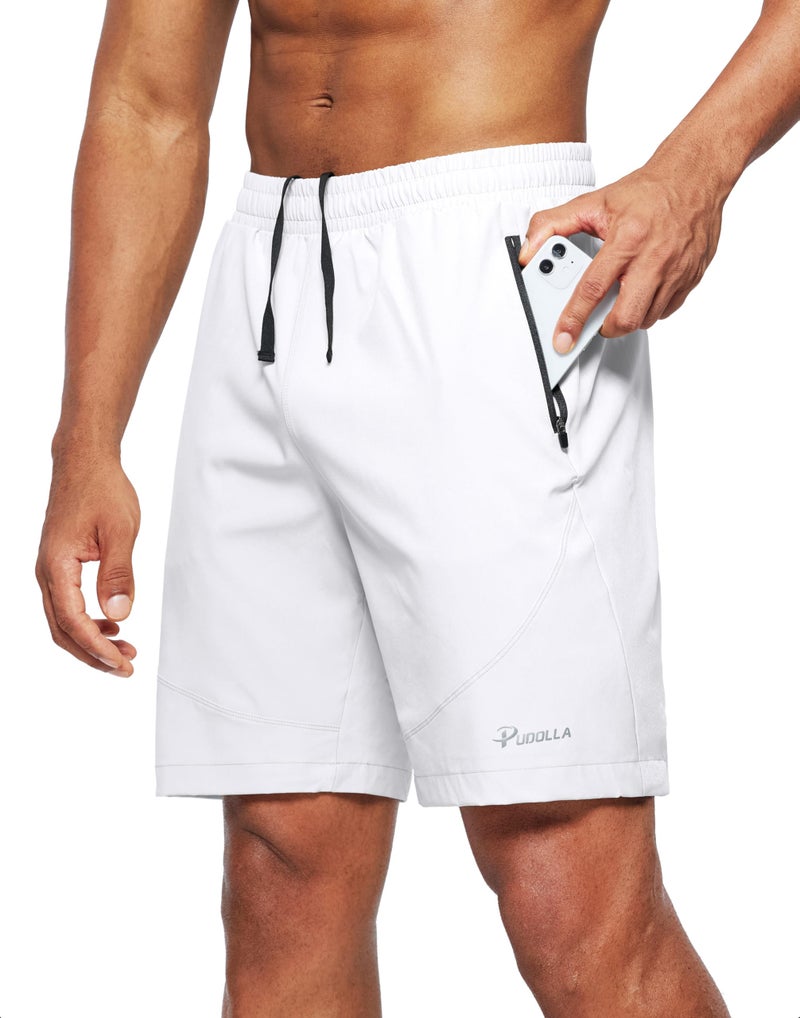 Pudolla Men's Workout Running Shorts Lightweight Gym Athletic Shorts for Men with Zipper Pockets(White Large) - Image 1