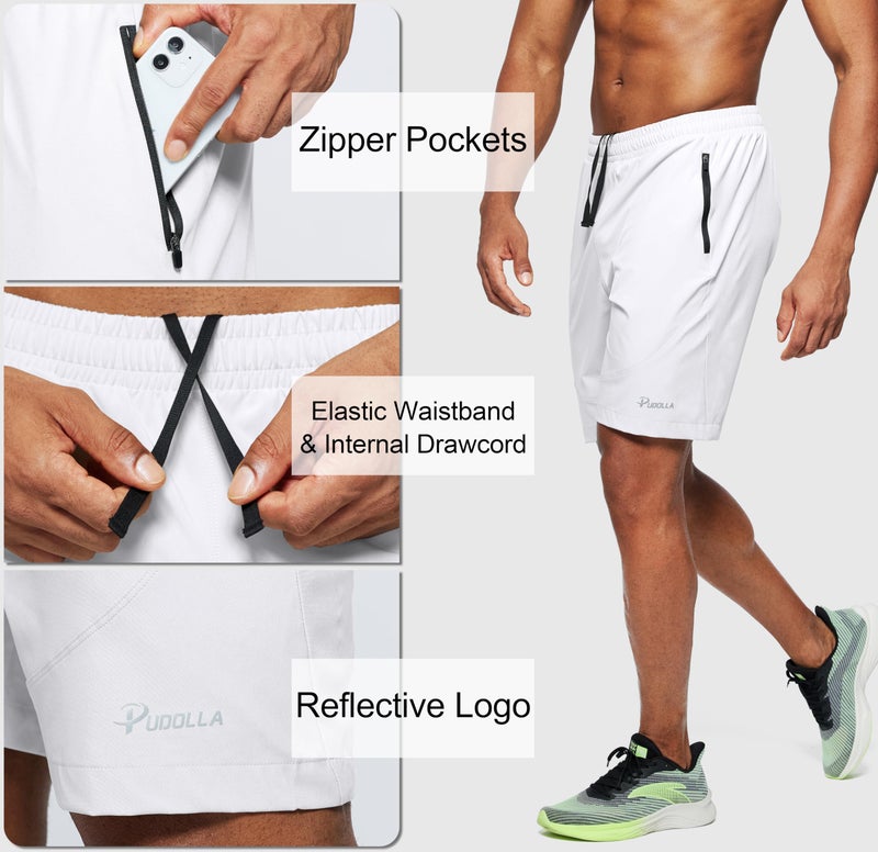 Pudolla Men's Workout Running Shorts Lightweight Gym Athletic Shorts for Men with Zipper Pockets(White Large) - Image 4