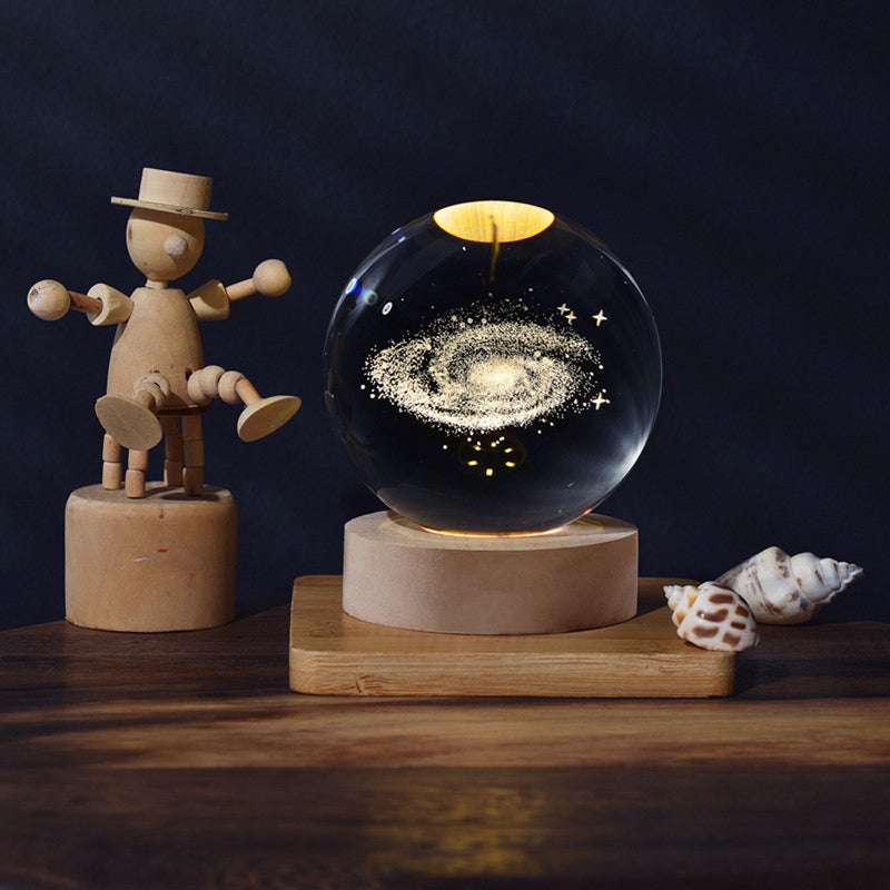 3D Galaxy Crystal Ball Lamp Lasers Engraving Night Light with Wooden Base for Bedroom Decor, Holiday Gifts - Image 1