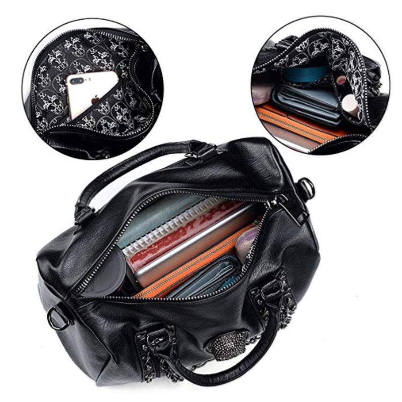FiveloveTwo Women Skull Chain Handbag and Purse Gothic Rivet Tote Satchel Shoulder Bag Black - Image 4