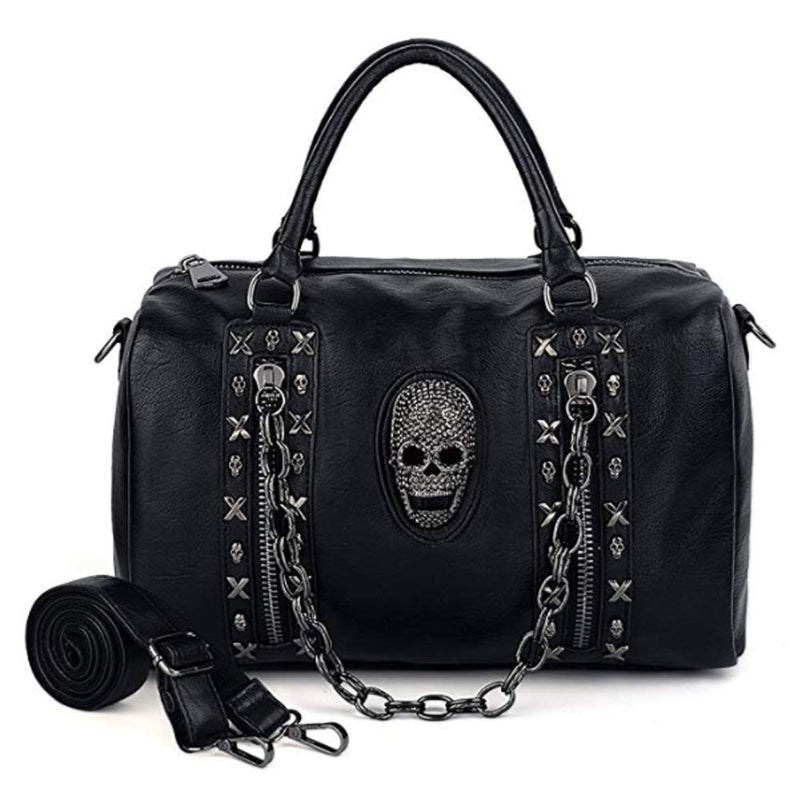 FiveloveTwo Women Skull Chain Handbag and Purse Gothic Rivet Tote Satchel Shoulder Bag Black - Image 3