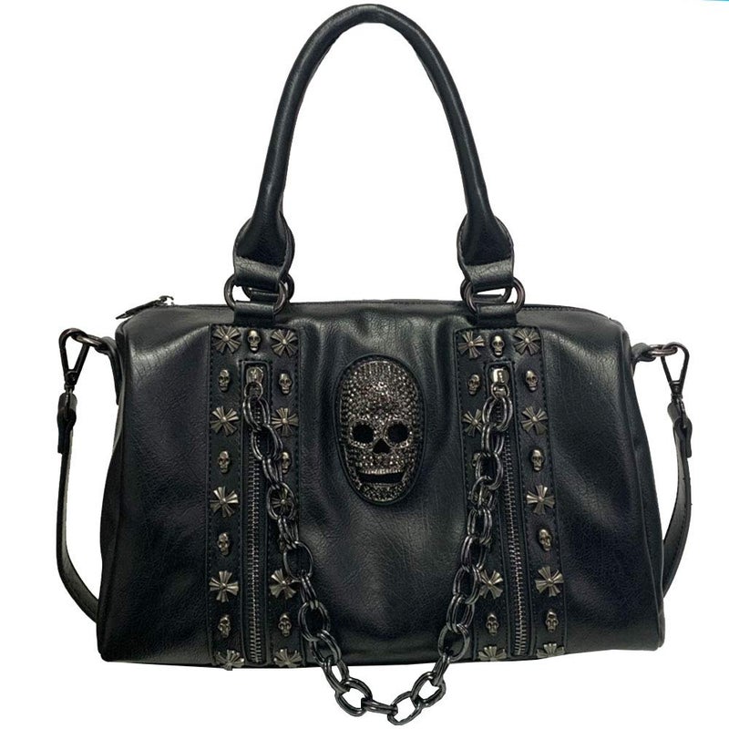 FiveloveTwo Women Skull Chain Handbag and Purse Gothic Rivet Tote Satchel Shoulder Bag Black - Image 1