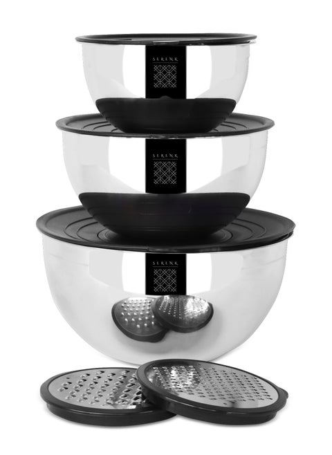 Stainless Steel 9-piece Mixing Bowl Set, 3 Nesting Bowls (1.35L, 2.7L, 4.6L) with Lids and 2 Graters, Healthy & Heavy duty Salad Bowls, Dishwasher Safe, Use for Food Storage, Prepping, Mixing, Serving, Serenk Modernist Series