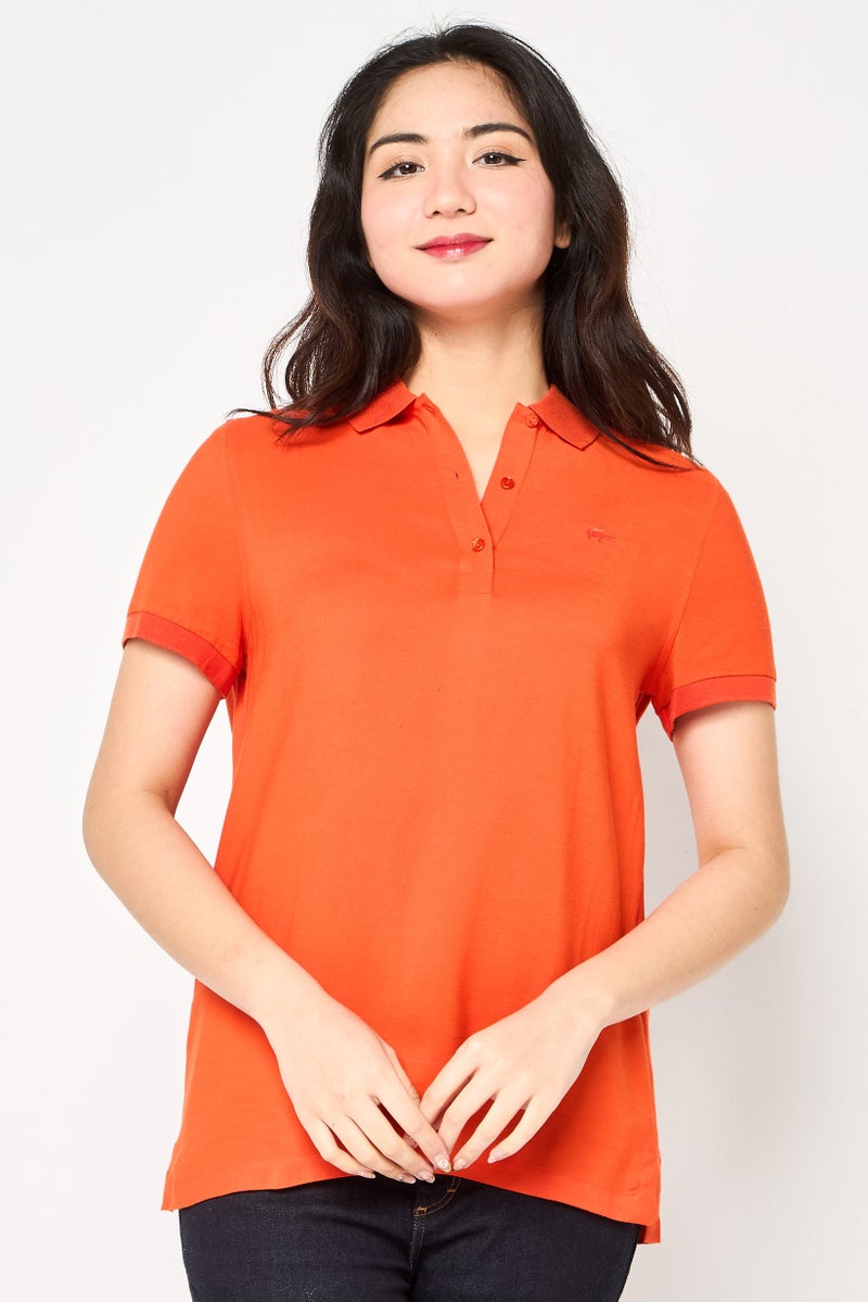 LACOSTE Women Regular Fit Embroidered Logo Polo Shirt, Dark Orange - Image 1