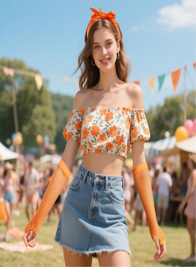 GERINLY Orange Neckerchief with Matching Mesh Arm Sleeves, Bright Color Skinny Scarf with Fishnet Arm Warmer for 70s 80s (Orange) - Image 5