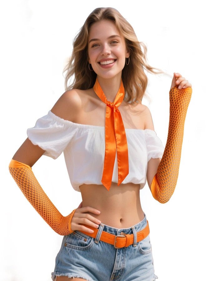 GERINLY Orange Neckerchief with Matching Mesh Arm Sleeves, Bright Color Skinny Scarf with Fishnet Arm Warmer for 70s 80s (Orange) - Image 1