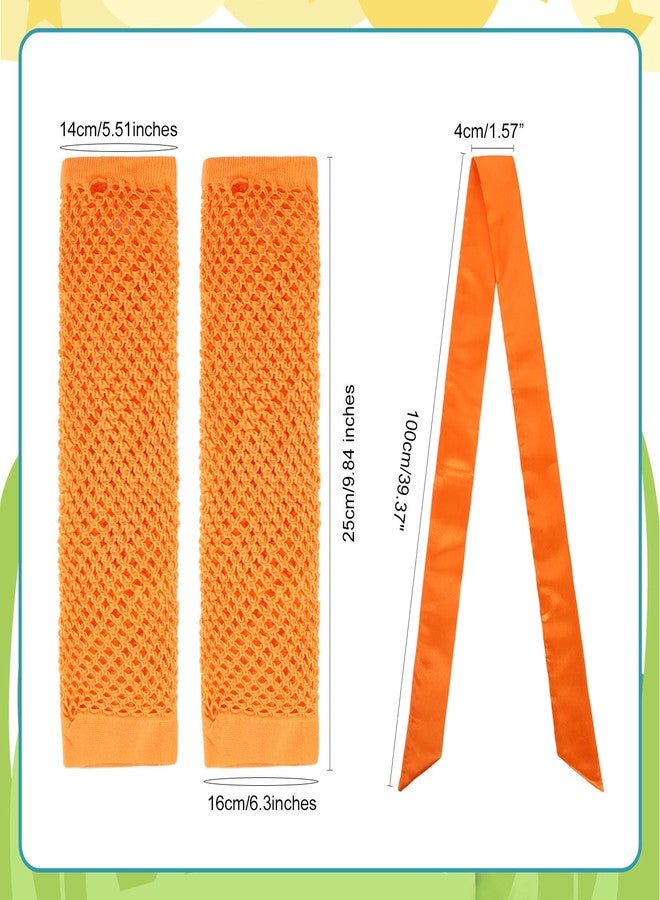 GERINLY Orange Neckerchief with Matching Mesh Arm Sleeves, Bright Color Skinny Scarf with Fishnet Arm Warmer for 70s 80s (Orange) - Image 2