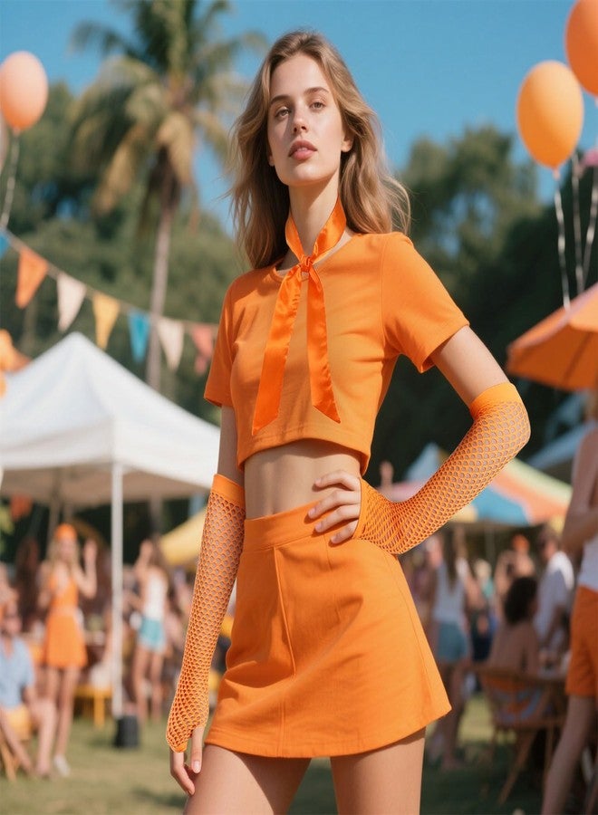 GERINLY Orange Neckerchief with Matching Mesh Arm Sleeves, Bright Color Skinny Scarf with Fishnet Arm Warmer for 70s 80s (Orange) - Image 3