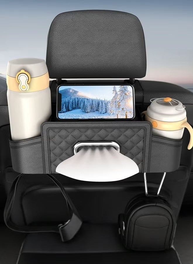 DURKU Car Back Seat Organizer Box, Multi-Function Leather Storage Bag with Tissue Holder, Cup Holder, Phone Stand & Hooks, Universal Car Seat Back Storage - Image 1