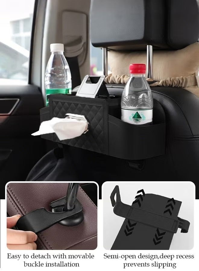 DURKU Car Back Seat Organizer Box, Multi-Function Leather Storage Bag with Tissue Holder, Cup Holder, Phone Stand & Hooks, Universal Car Seat Back Storage - Image 3