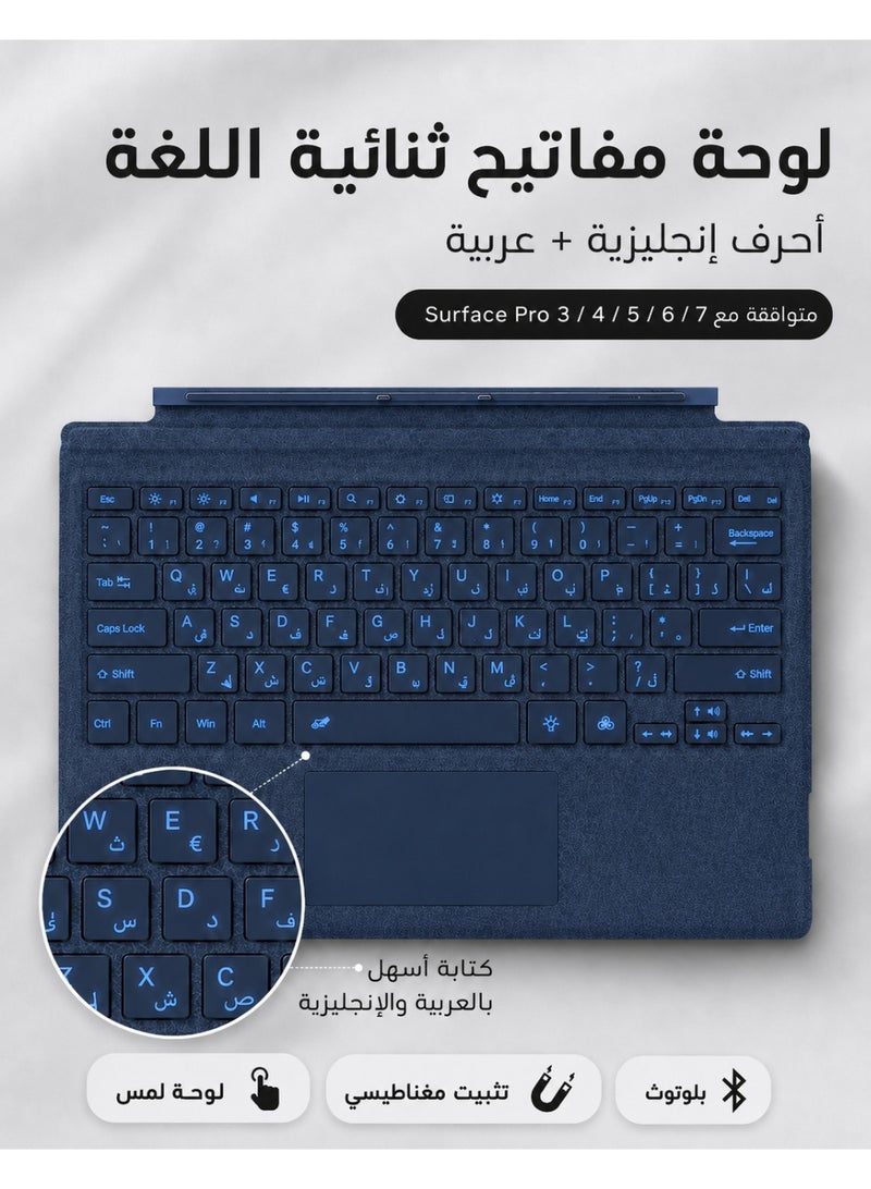 TUNKE Wireless Keyboard for Microsoft Surface Pro 7/7 Plus/6/5/4/3 (12.3"), Bluetooth 5.2 Type Cover with Touchpad, 7-Color Backlit, Dual-Language Key Printing（Blue） - Image 2