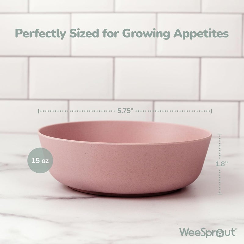 WeeSprout Bamboo Kids Bowls Set of Four 15 oz KidSized Dinnerware Cereal Leftovers Snack Bowl Dishwasher Safe Pink Green Gray Beige - Image 2