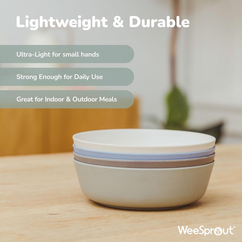 WeeSprout Bamboo Kids Bowls Set of Four 15 oz KidSized Dinnerware Cereal Leftovers Snack Bowl Dishwasher Safe Pink Green Gray Beige - Image 4