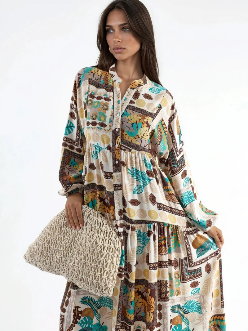 Hiccup Natural V-Neck Patterned Maxi Dress for Women | Best Price UAE