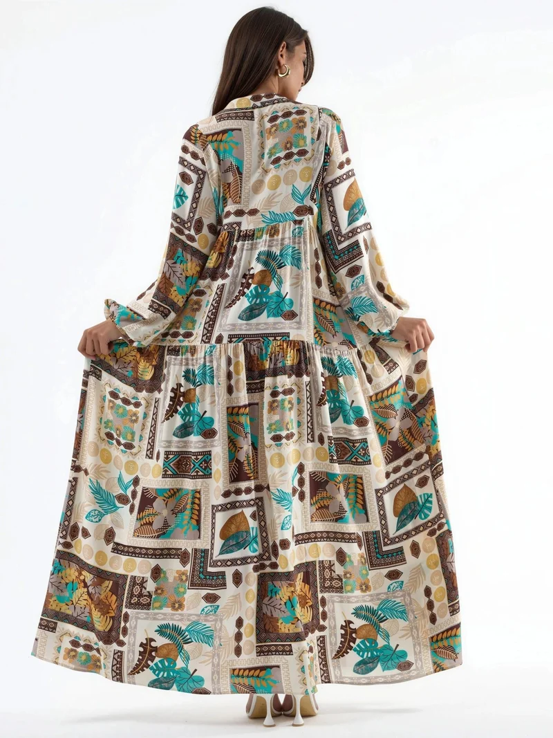 Hiccup Natural V-Neck Patterned Maxi Dress for Women | Best Price UAE
