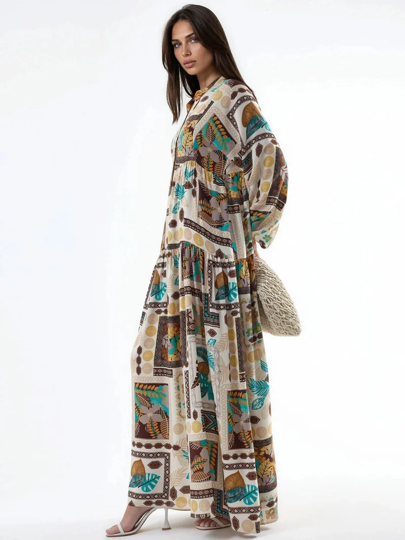 Hiccup Natural V-Neck Patterned Maxi Dress for Women | Best Price UAE