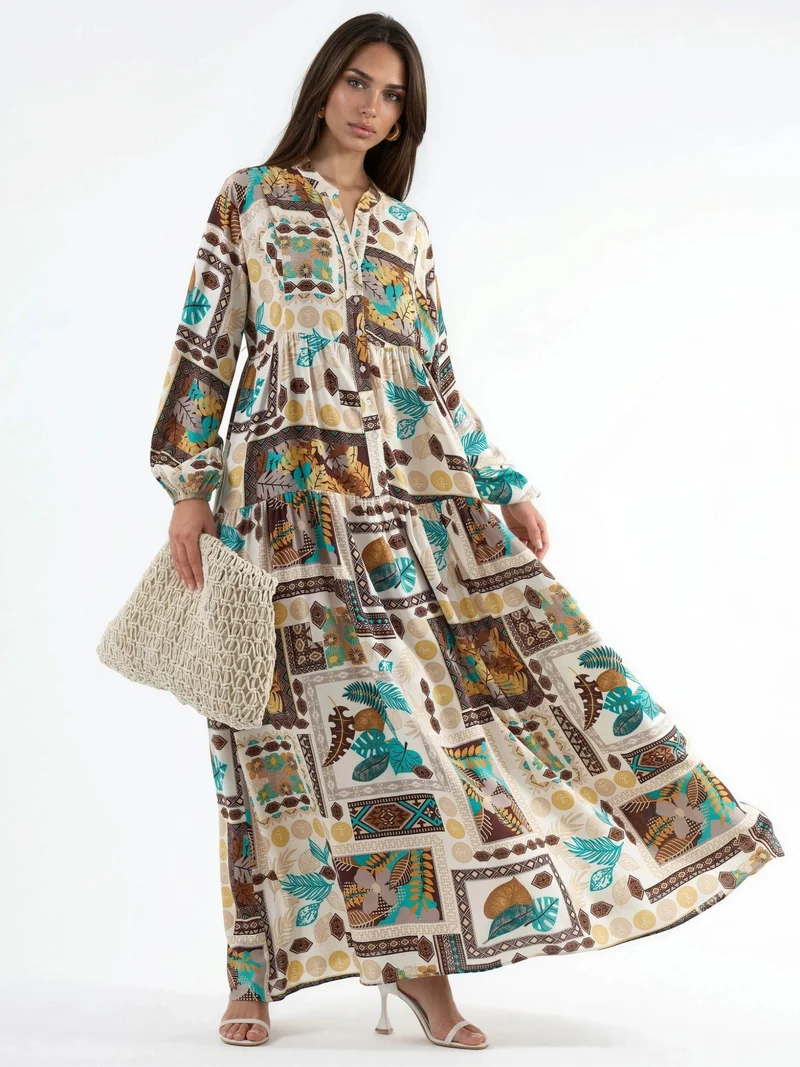 Hiccup Natural V-Neck Patterned Maxi Dress for Women | Best Price UAE