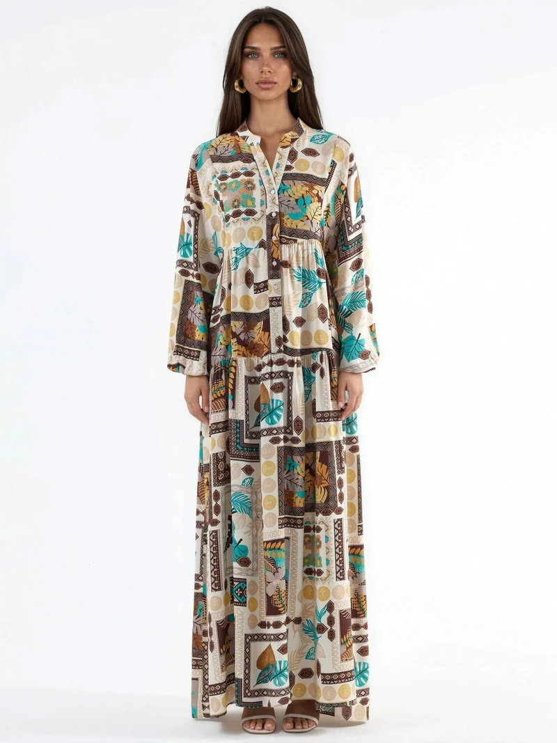 Hiccup Natural V-Neck Patterned Maxi Dress for Women | Best Price UAE