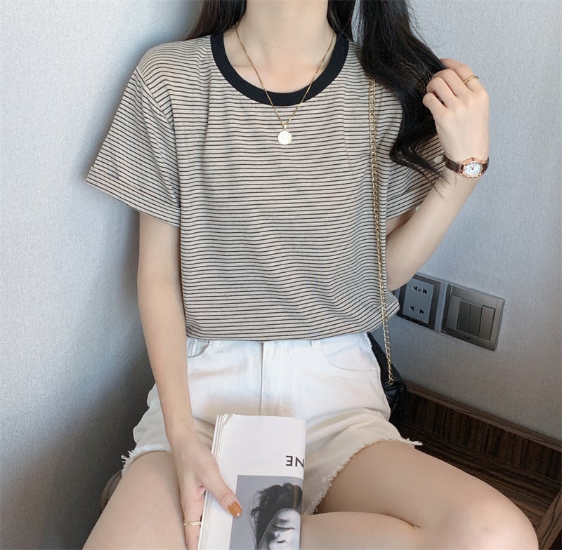 T-shirt Womens Short-sleeved Stripes 2024 New Spring and Summer Clothes Loose Niche Design Sense plus size European Fashion Clothes Black - Image 1