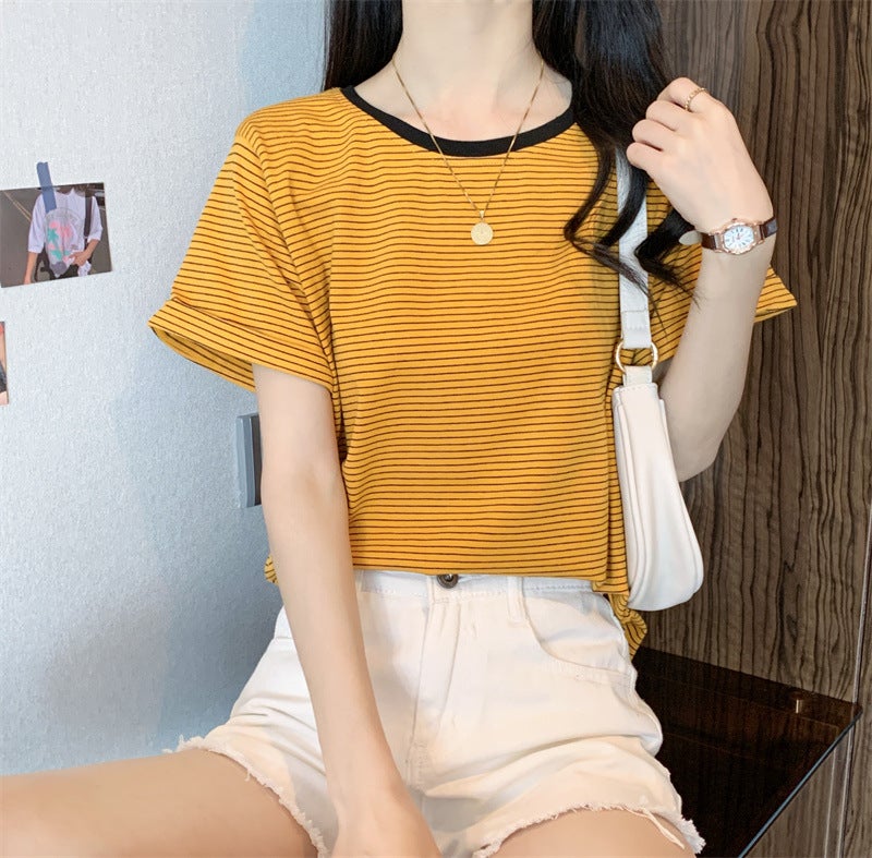 T-shirt Womens Short-sleeved Stripes 2024 New Spring and Summer Clothes Loose Niche Design Sense plus size European Fashion Clothes Black - Image 2