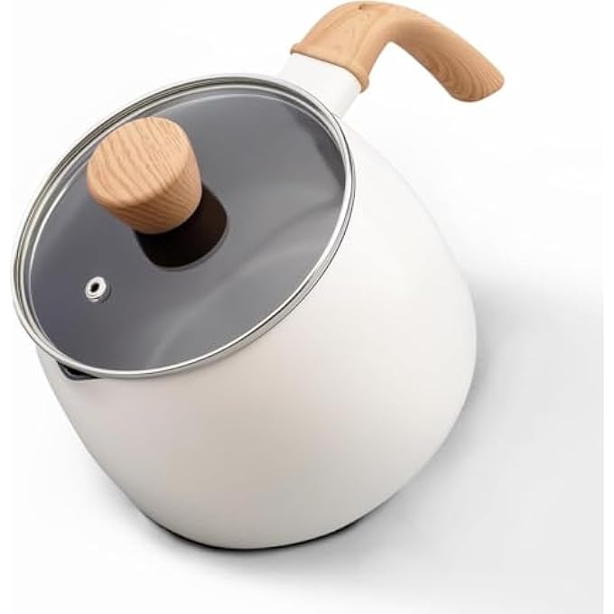 KASTWAVE 25 Quart NonStick Ceramic Sauce Pan With Lid 15Cm X 12Cm Small Milk Pot For Cooking Aluminum Saucepan With Pour Spout  Wooden Handle PfasFree Mini Stock Pot For Kitchen White - Image 1