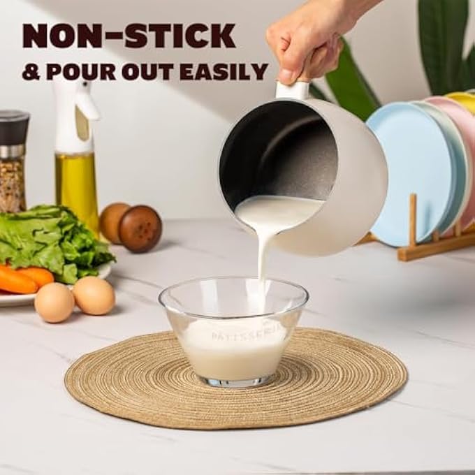 KASTWAVE 25 Quart NonStick Ceramic Sauce Pan With Lid 15Cm X 12Cm Small Milk Pot For Cooking Aluminum Saucepan With Pour Spout  Wooden Handle PfasFree Mini Stock Pot For Kitchen White - Image 2