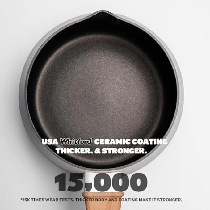 KASTWAVE 25 Quart NonStick Ceramic Sauce Pan With Lid 15Cm X 12Cm Small Milk Pot For Cooking Aluminum Saucepan With Pour Spout  Wooden Handle PfasFree Mini Stock Pot For Kitchen White - Image 5