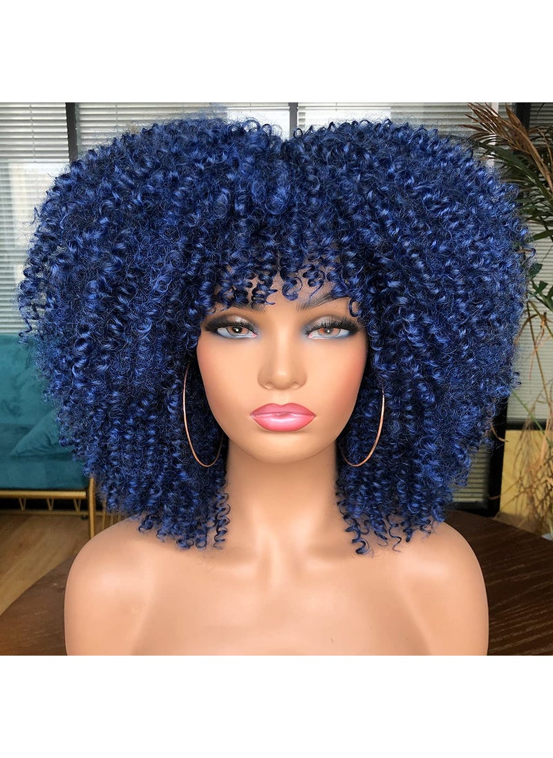RunM hair - RunM Short Curly Afro Wig With Bangs for Black Women Kinky Curly Hair Wig Afro Synthetic Full WigsBlue - Image 1