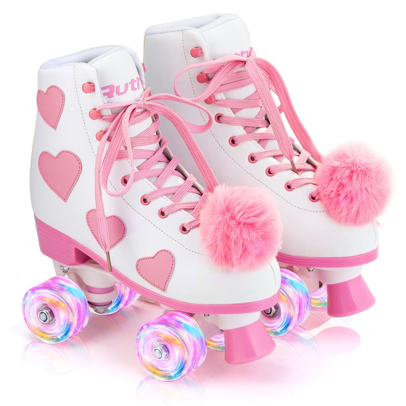 Ruthfot Women's and Girl's Classic Roller Skates with Light up Wheels and Love Heart Pattern, High-top PU Leather Rollerskatesâ€¦ - Image 2