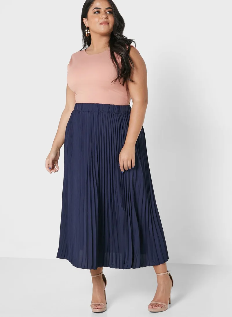Ella Plus Solid Waistband Detail Pleated Skirt