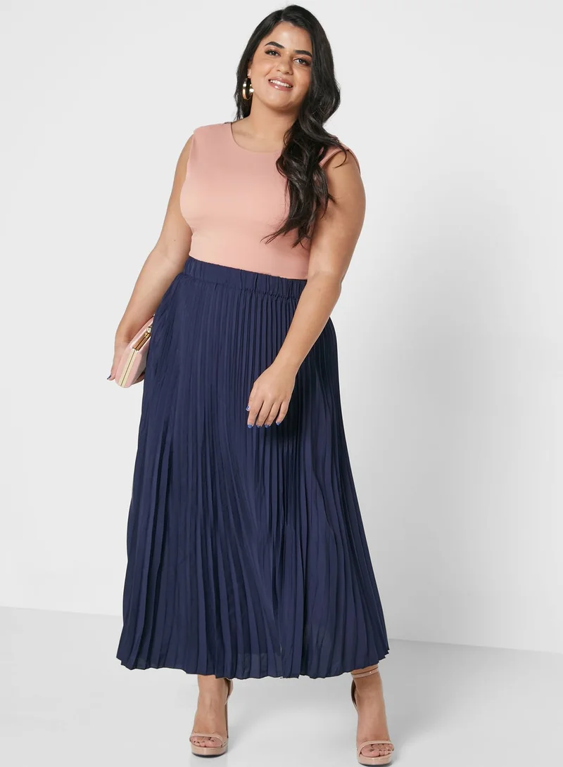 Ella Plus Solid Waistband Detail Pleated Skirt