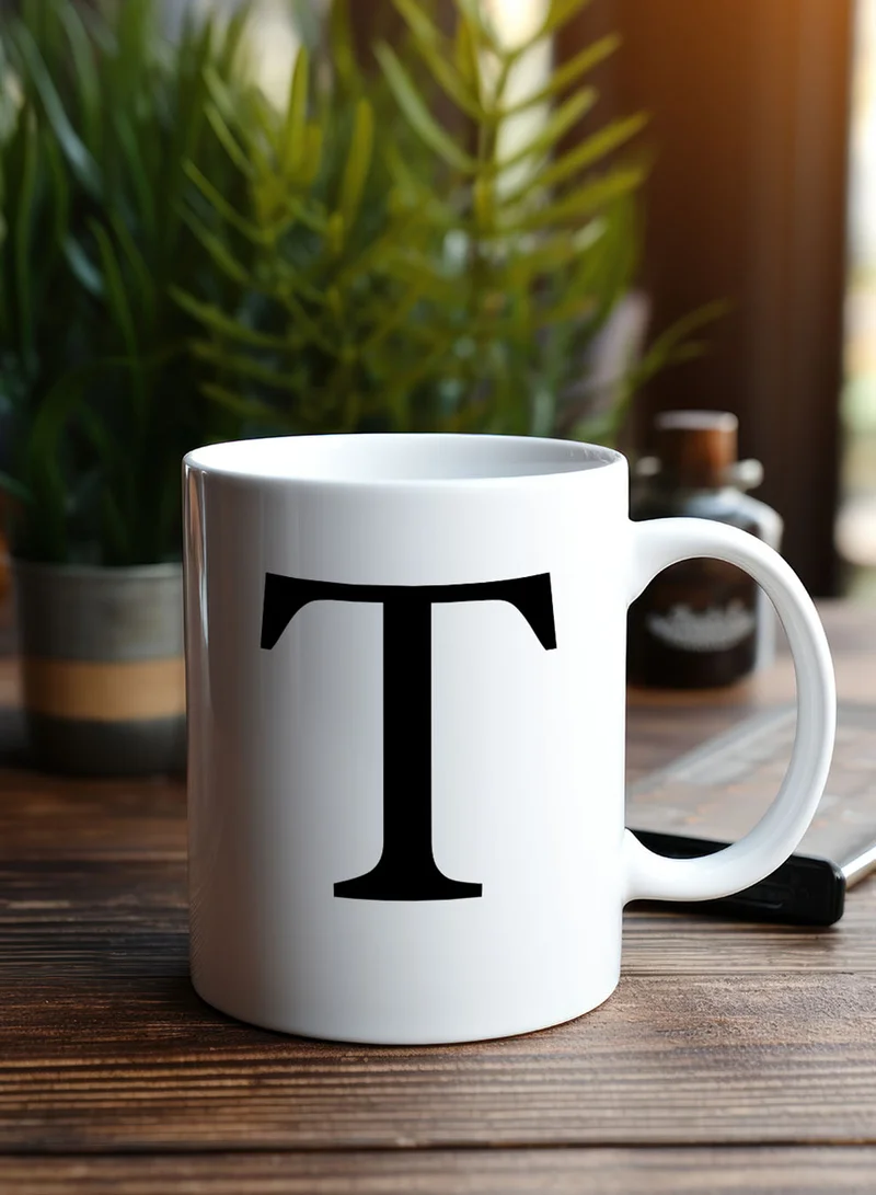 LOWHA 11 oz Ceramic Mug with Letter T Design on Both Sides